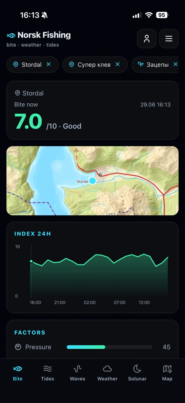 Norway Fishing app screenshot: a 7.0 out of 10 bite score for Sturdal, a mini-map and a 24-hour chart