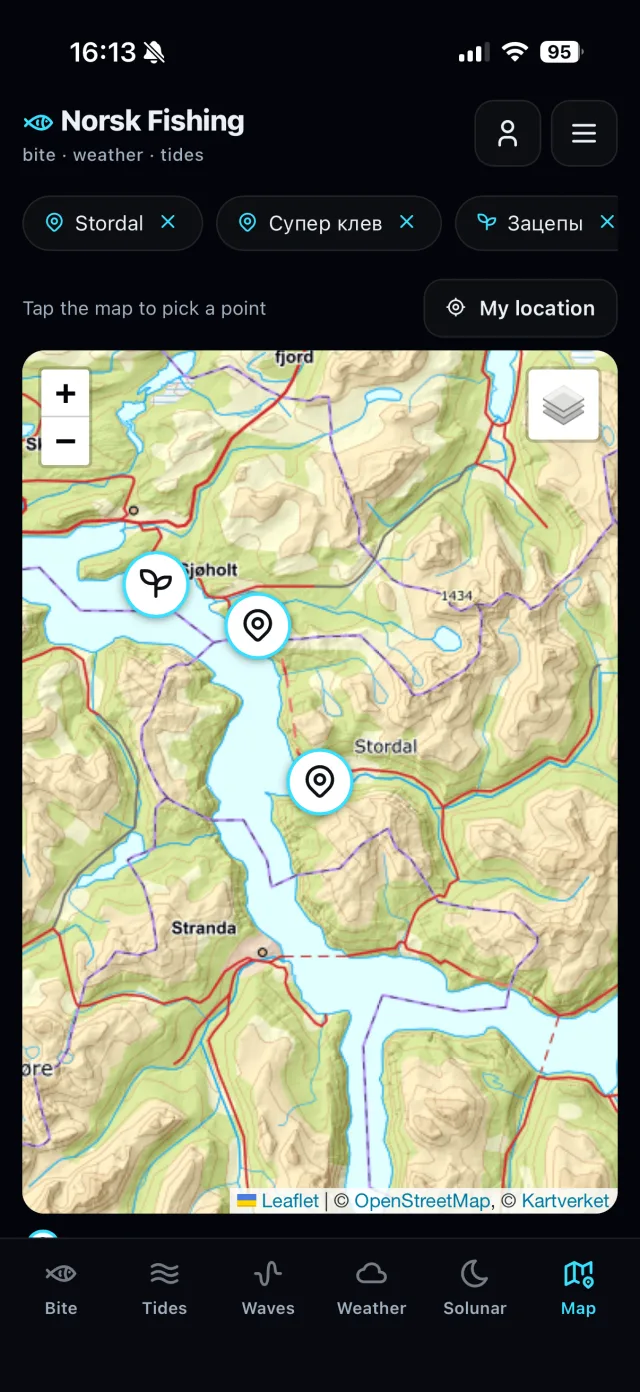 Norway Fishing app screenshot: a topographic map of Sturdal with saved-spot markers