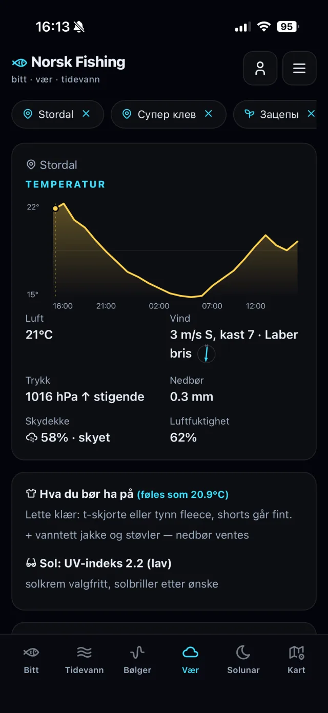 Skjermbilde av Norway Fishing-appen: temperaturgraf, vind, trykk, skydekke og klesråd